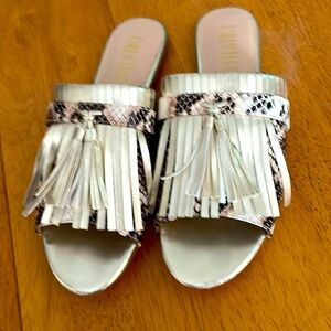 Fringe snakeskin slip on sandals